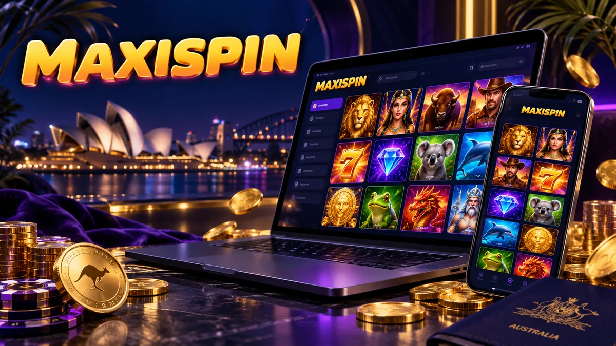 MaxiSpin casino lobby shown on a laptop and a phone
